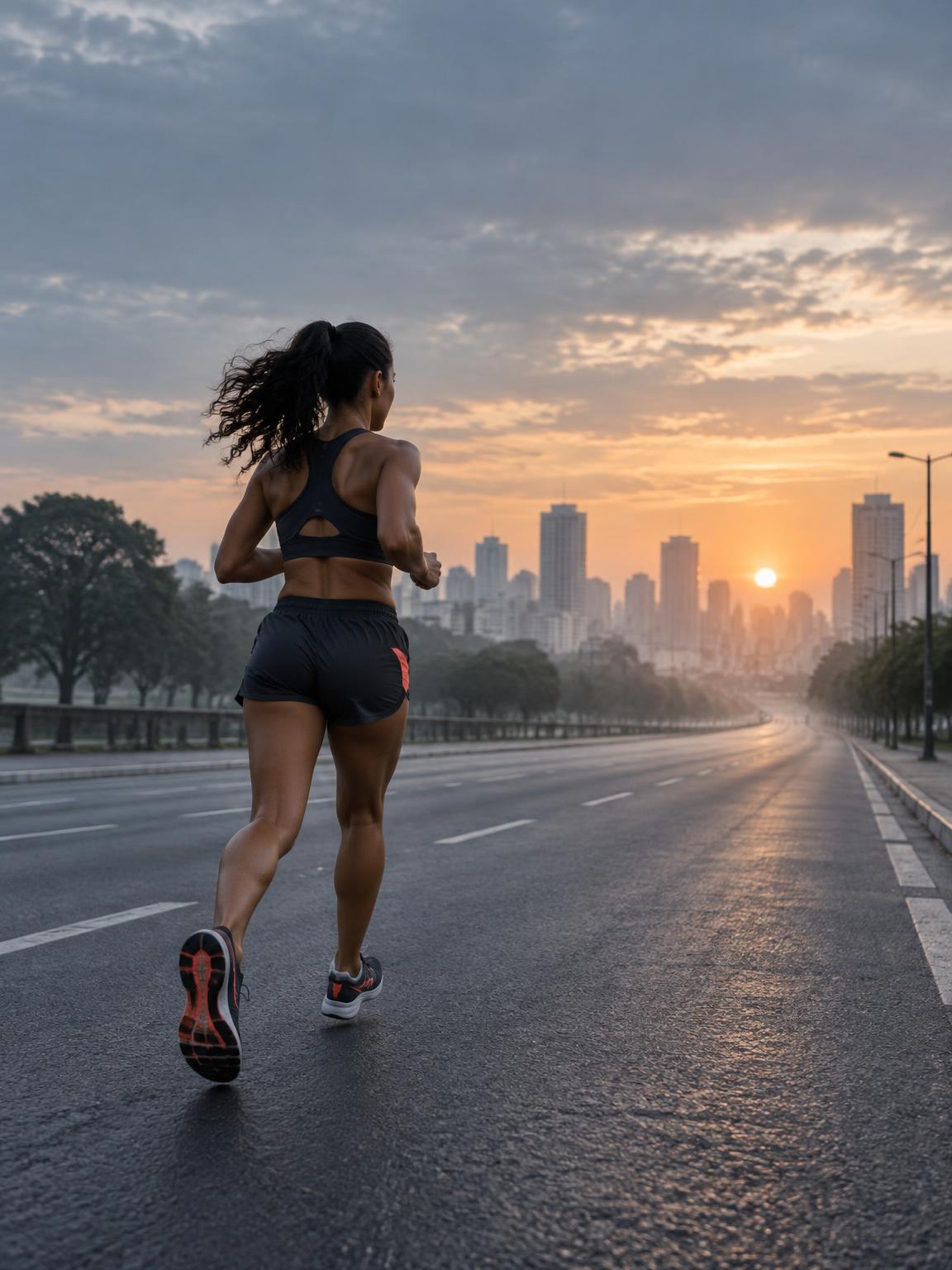 Mulher correndo em uma avenida ao amanhecer